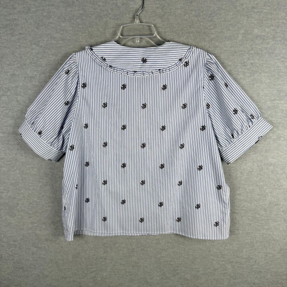 Lands End Women's L Cotton Puff Sleeve Statement Collar Shirt Blue White Stripe - Picture 9 of 15